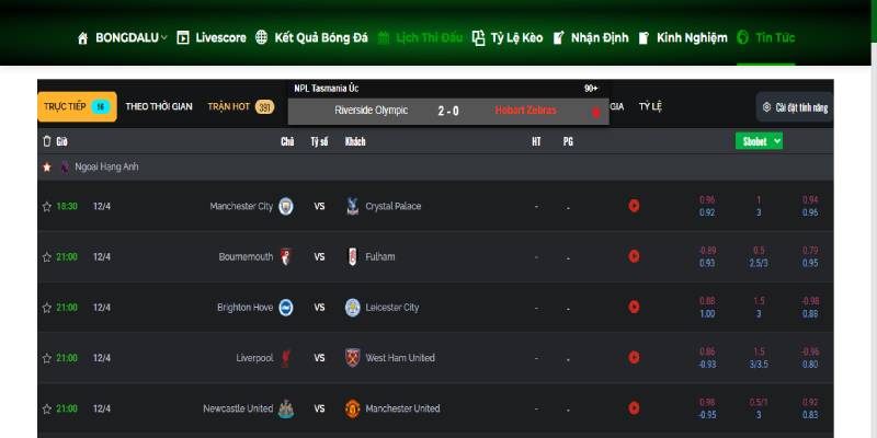 Trang chủ thường xuyên cập nhật lịch thi đấu